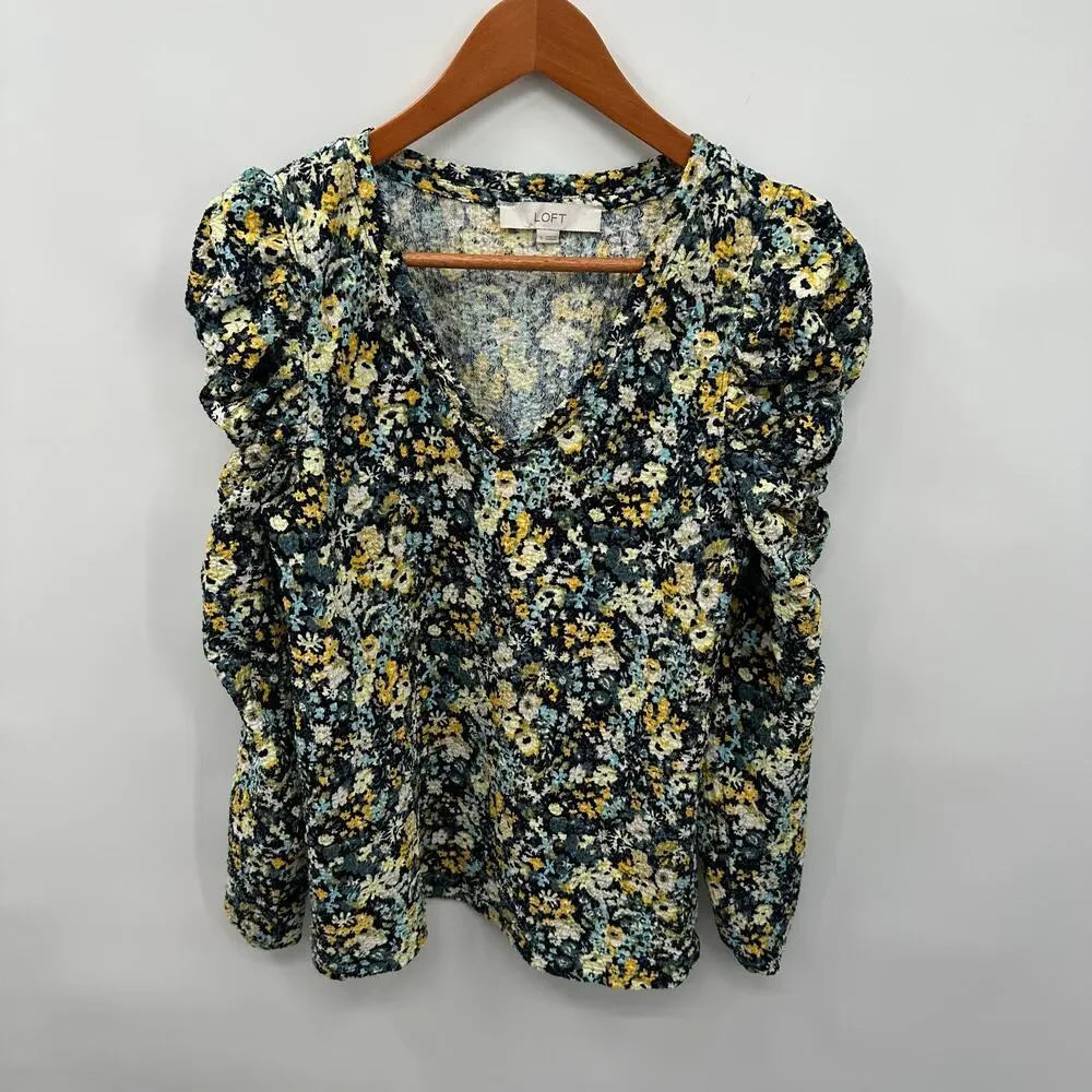 LOFT  Floral Shirred Puff Sleeve Long Sleeve Blouse Top // S